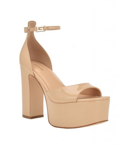 Women's Selima Open Toe Two Piece Platform Heels Tan/Beige $40.33 Shoes