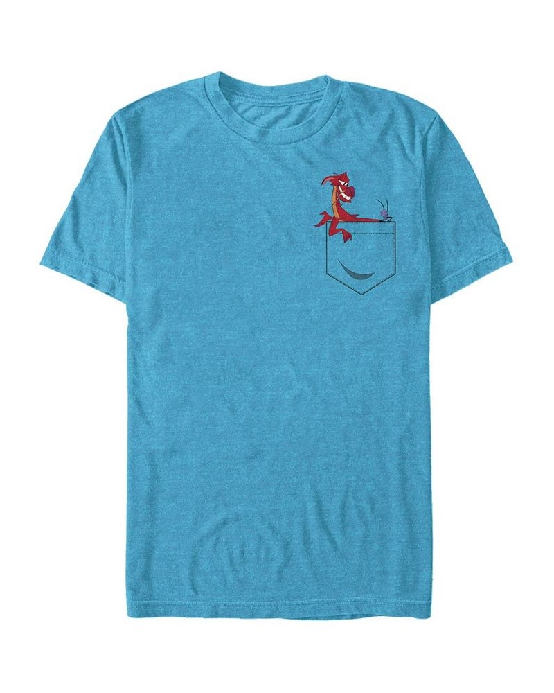 Disney Princesses Men's Mulan Mushu Left Chest Pocket Short Sleeve T-Shirt Blue $18.54 T-Shirts