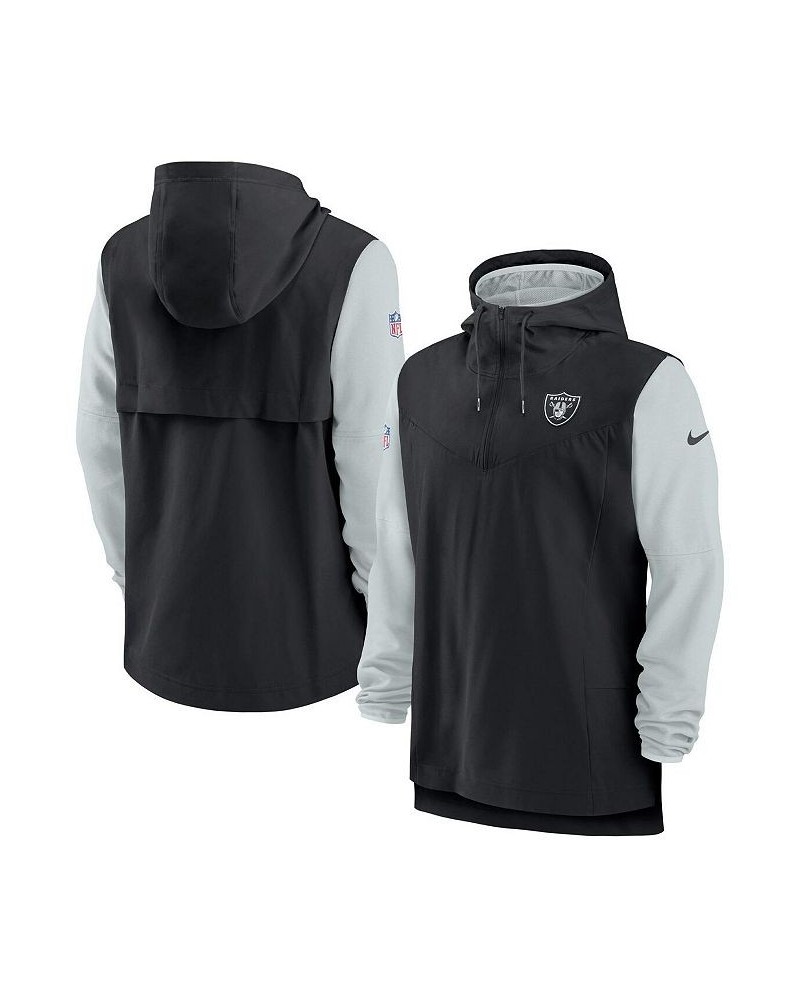 Men's Black and Silver Las Vegas Raiders Sideline Player Quarter-Zip Hoodie Jacket $37.72 Jackets