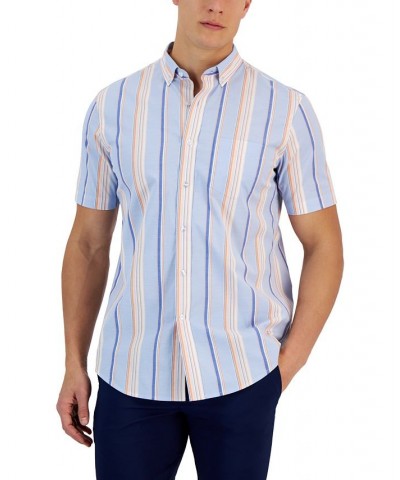 Flamingo Short Sleeve Button-Down Striped Pattern Shirt Blue $17.58 Shirts