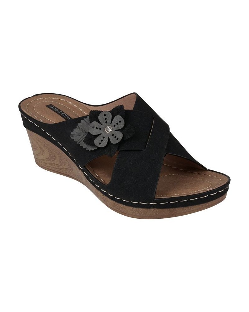 Women's Selly Flower Wedge Sandals Black $28.70 Shoes