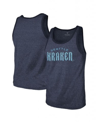 Men's Branded Navy Seattle Kraken Wordmark Tri-Blend Tank Top $15.48 T-Shirts