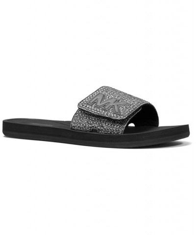 Women's Rhinestone MK Logo Pool Slide Sandals Gray $39.10 Shoes