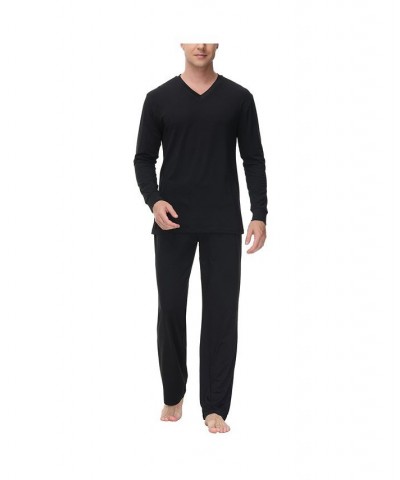 Men's Heat retaining Two Piece V-Neck & Lounge Pants Pajama Set Black $18.08 Pajama