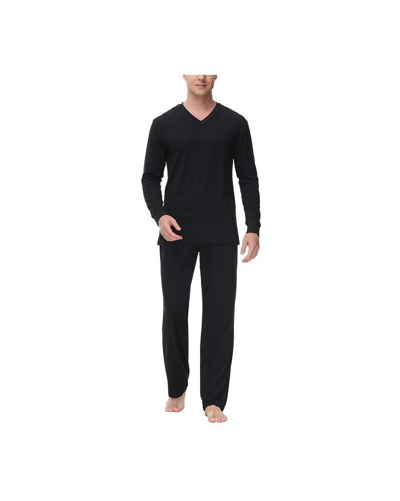 Men's Heat retaining Two Piece V-Neck & Lounge Pants Pajama Set Black $18.08 Pajama