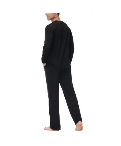 Men's Heat retaining Two Piece V-Neck & Lounge Pants Pajama Set Black $18.08 Pajama