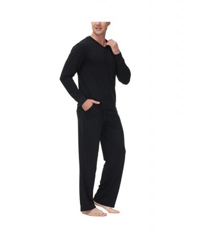 Men's Heat retaining Two Piece V-Neck & Lounge Pants Pajama Set Black $18.08 Pajama