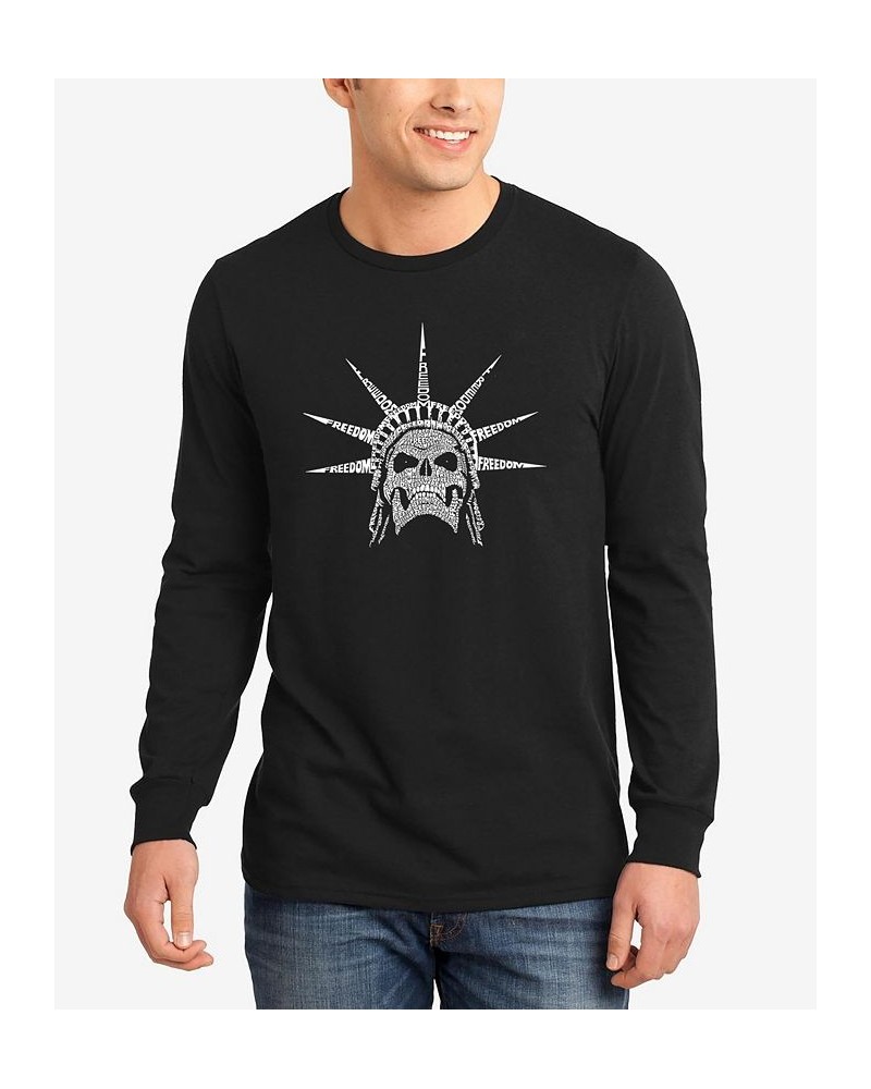 Men's Freedom Skull Word Art Long Sleeve T-shirt Black $20.79 T-Shirts