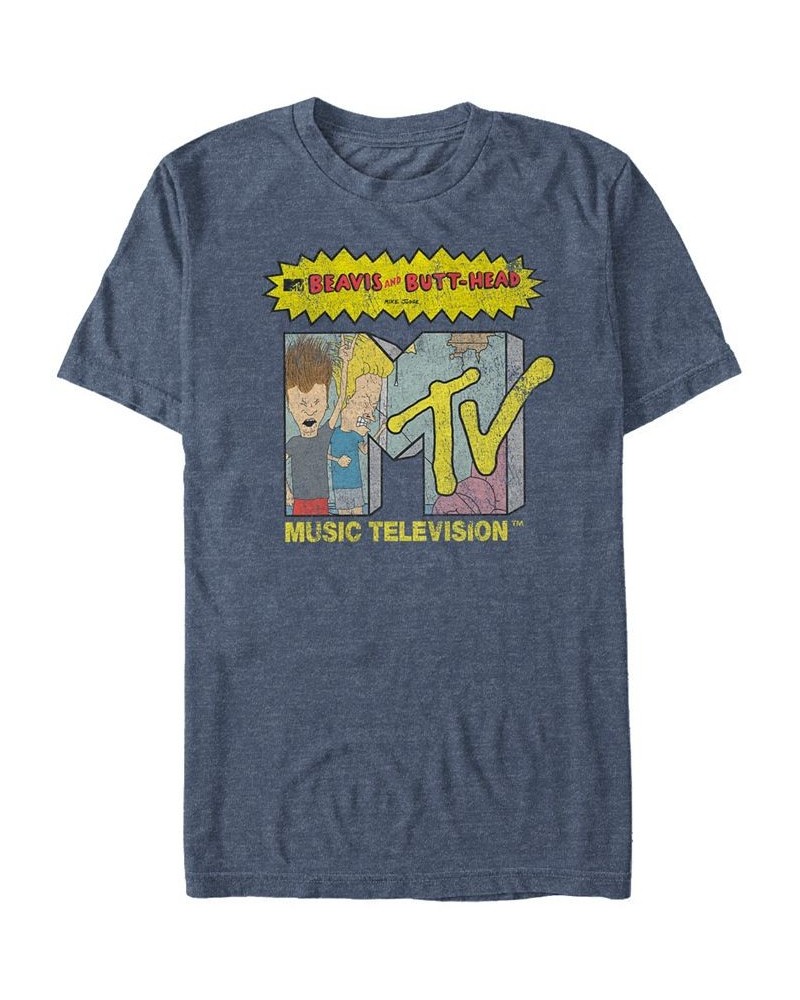 MTV Men's Distressed Beavis and Butthead Head bangers Logo Short Sleeve T-Shirt Blue $16.80 T-Shirts