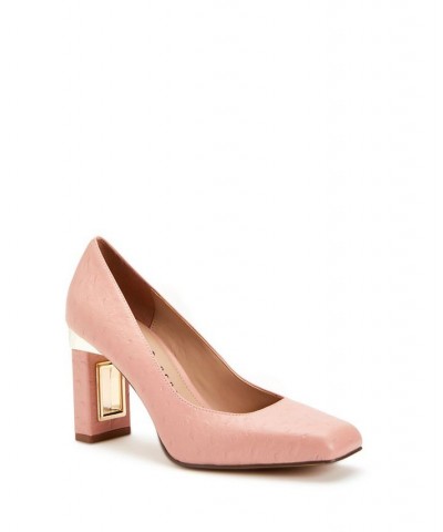 Women's Hollow Block Heel Pumps Pink $51.60 Shoes