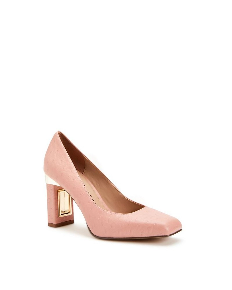 Women's Hollow Block Heel Pumps Pink $51.60 Shoes