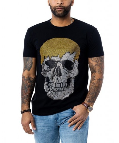 Men's Drip Skull Rhinestone T-shirt Black $22.05 T-Shirts