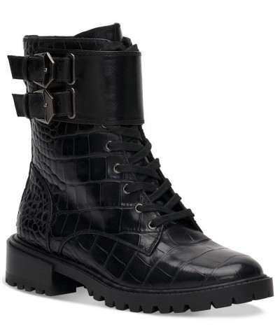 Women's Fawdry Double Buckle Combat Booties Black $44.16 Shoes