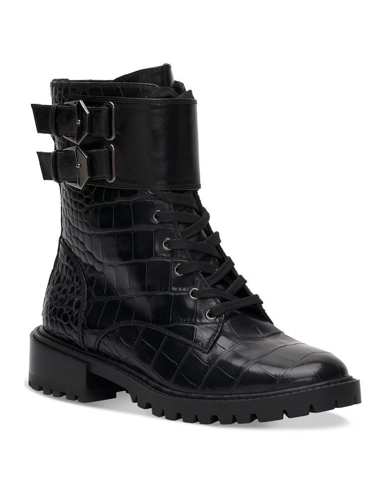 Women's Fawdry Double Buckle Combat Booties Black $44.16 Shoes