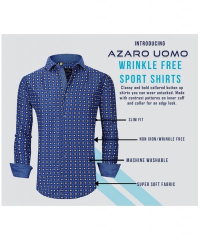 Men's Business Geometric Long Sleeve Button Down Shirt Blue $18.19 Dress Shirts