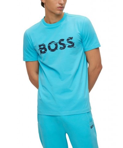 BOSS Men's Graphic Logo Print Stretch T-shirt Blue $38.22 T-Shirts