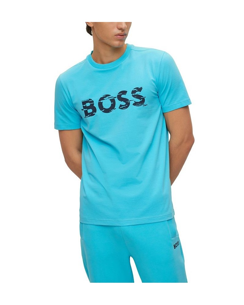 BOSS Men's Graphic Logo Print Stretch T-shirt Blue $38.22 T-Shirts