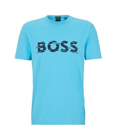 BOSS Men's Graphic Logo Print Stretch T-shirt Blue $38.22 T-Shirts