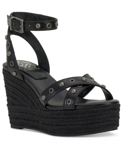 Feegella Studded Ankle-Strap Platform Wedge Sandals Black $56.99 Shoes