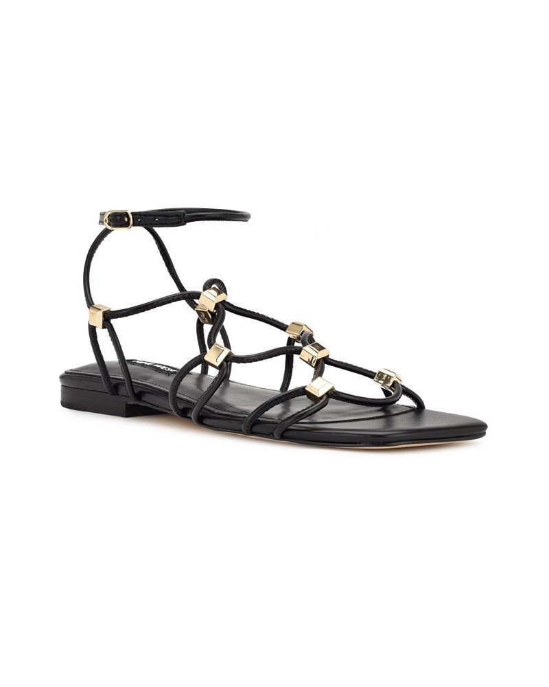 Women's Majah Square Toe Strappy Flat Sandals Black $45.39 Shoes