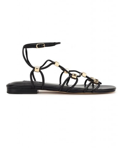 Women's Majah Square Toe Strappy Flat Sandals Black $45.39 Shoes